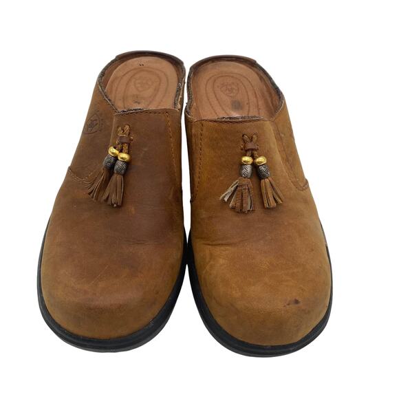 Ariat Women's Leather Tassels Mule Brown Size 8B EUC Slip On Clogs Gold Accent - Picture 6 of 9